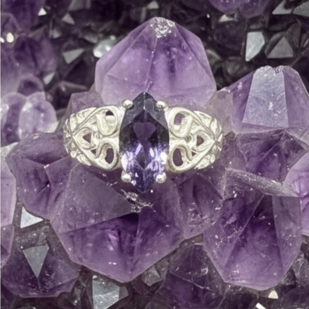 Sterling Silver Amethyst-Color Filigree Ring 925 Size 5.5